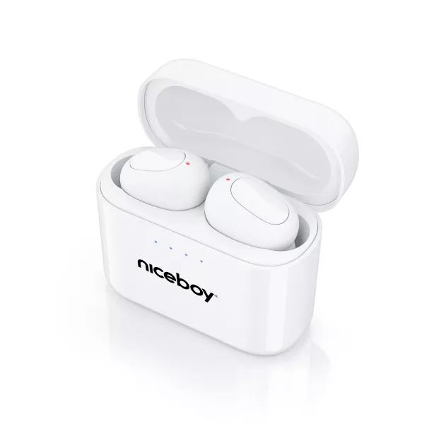 Casti audio in-ear Niceboy HIVE Podsie 3, True Wireless, Bluetooth 5.1, Noise Reduction, Microfon, asistent vocal, mod Gaming, aplicatie mobila, control tactil, IP54, incarcare rapida, autonomie de pana la 35 ore, alb