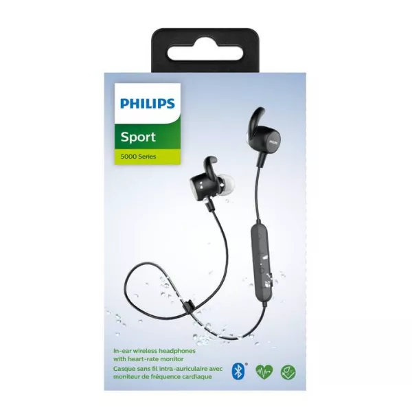 Casti sport wireless Philips ActionFit TASN503BK/00, Bluetooth v5.0, IPX5, microfon incorporat, izolare fonica, monitor de puls incorporat, incarcare rapida, redare 6 ore, Negru