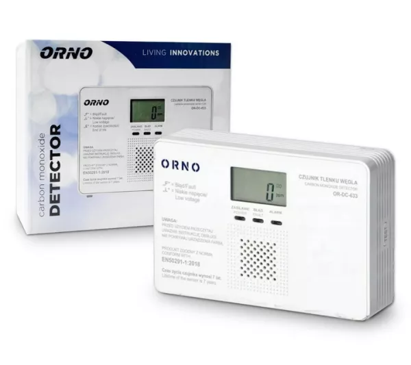 Detector monoxid de carbon ORNO OR-DC-633, 1 x 9V DC, LCD, buton TEST, alb