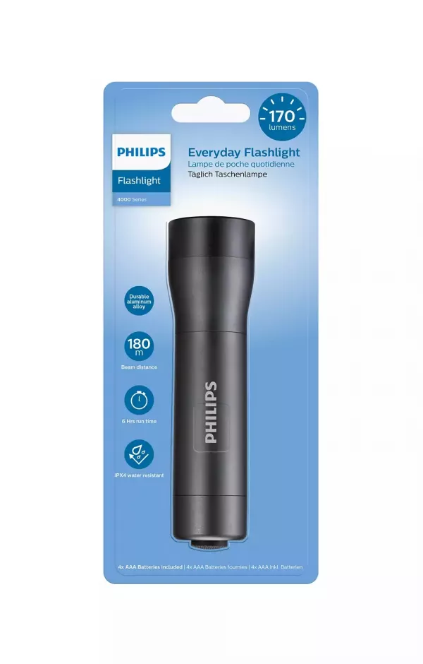 Lanterna LED Philips Everyday SFL4001T/10, 170 lm, 180 m, IPX4, baterii 4xAAA incluse, aluminiu, negru
