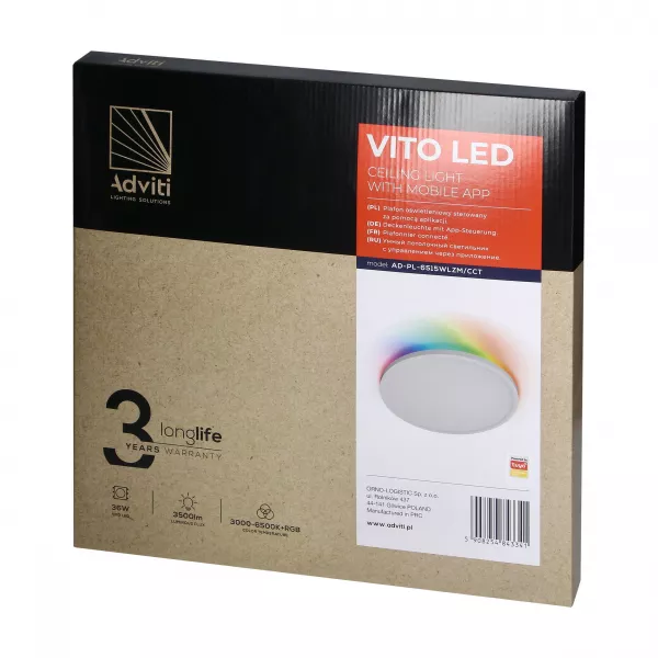 Plafoniera ADVITI VITO AD-PL-6515WLZM/CCT, LED, 36W, 3000/4000/6500K + RGB, aplicatie Tuya, IP20, IK05, plastic, alb