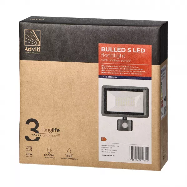 Proiector ADVITI BULLED S AD-NL-6138BLR4, 50W, LED SMD, senzor de miscare 120°, 4000lm, IP44, 4000K, aluminiu, negru