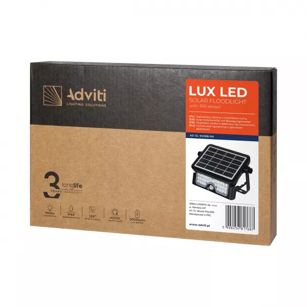 Proiector ADVITI LUX AD-SL-6108BLR4, incarcare solara, 3000mAh, 5W, LED SMD, senzor de miscare 120°, 500lm, IP65, 4000K, negru