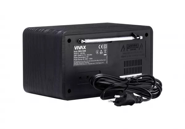 Radio cu ceas Vivax DW-2 DAB, 5W, FM, DAB+, Bluetooth, afisaj LED, 30 posturi presetate, carcasa lemn, negru