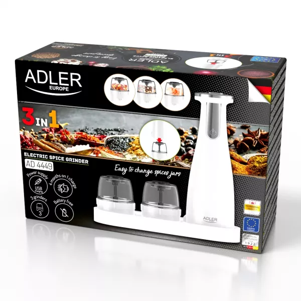 Rasnita electrica de condimente Adler AD 4449W, 7 W, 1500mAh, macinare reglabila, 3 recipiente, incarcare USB, alb