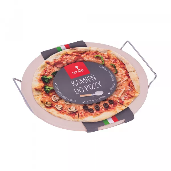 Set preparare si servire pizza Smile SKP-1, ceramica, 33 cm, feliator si suport otel inclus