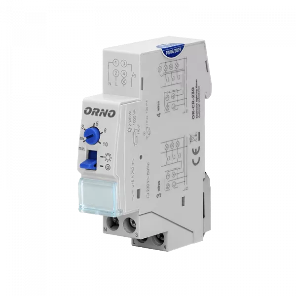 Releu control iluminare scara ORNO OR-CR-230, 2300 W, 10 A, IP20, instalare 3 sau 4 fire, DIN TH-35mm