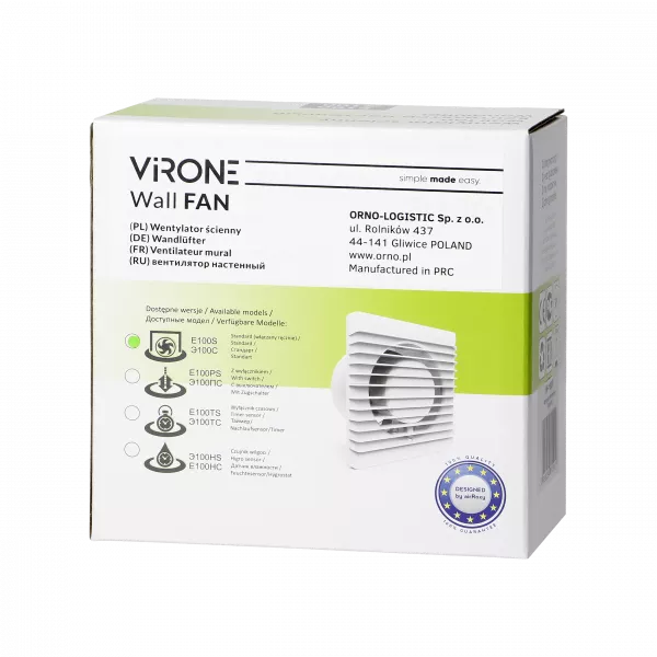 Ventilator baie VIRONE BF-100/PS, 8 W, 93 m³/h, 2400 rpm, 100 mm, montare in perete, silentios, cablu cu intrerupator, alb