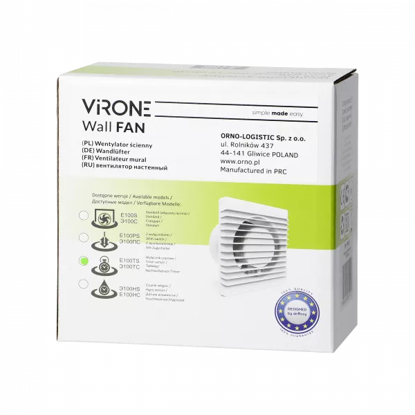 Ventilator baie VIRONE BF-100/TS, 8 W, 93 m³/h, 2400 rpm, 100 mm, temporizator, montare in perete, silentios, alb