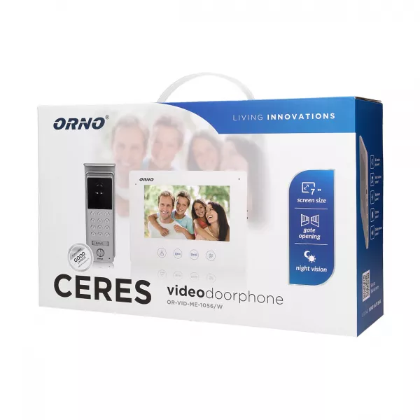 Videointerfon pentru o familie CERES ORNO OR-VID-ME-1056/W, color, monitor ultra-plat LCD 7", control automat al portilor, 16 sonerii, infrarosu, tastatura numerica, alb/gri
