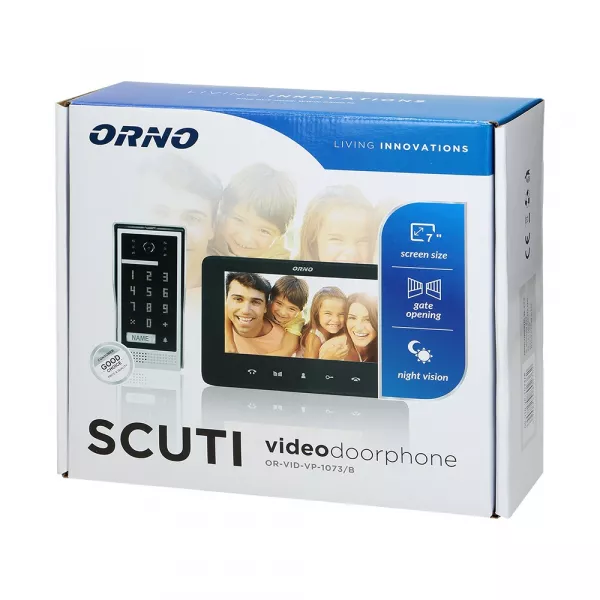 Videointerfon pentru o familie SCUTI ORNO OR-VID-VP-1073/B, color, monitor ultra-plat LCD 7", control automat al portilor, 16 sonerii, functie intercom, tastatura numerica, negru/gri