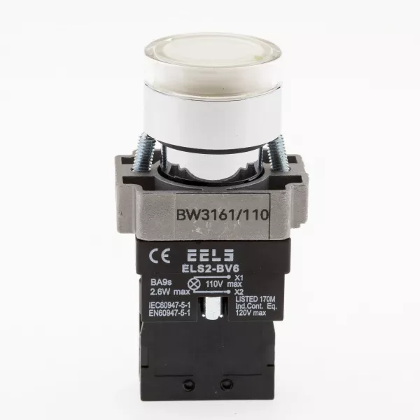 Buton alb cu led indicator prezenta tensiune 110V AC  ELS2-BW3161 1xNO, 3A/240V AC