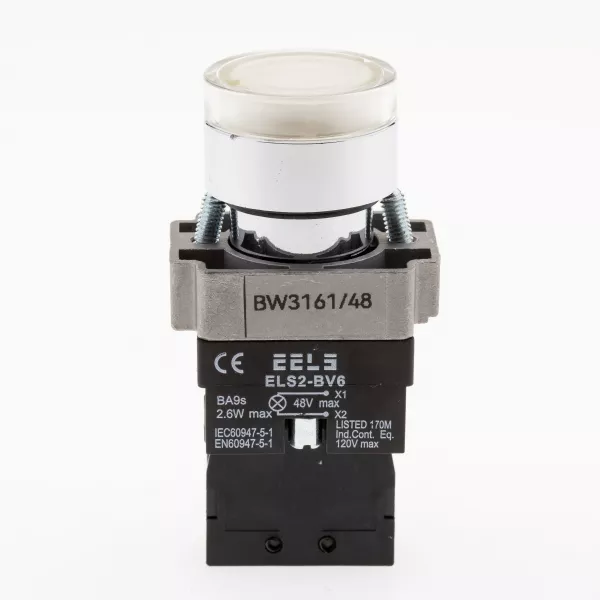 Buton alb cu led indicator prezenta tensiune 48V DC  ELS2-BW3161 1xNO, 3A/240V AC
