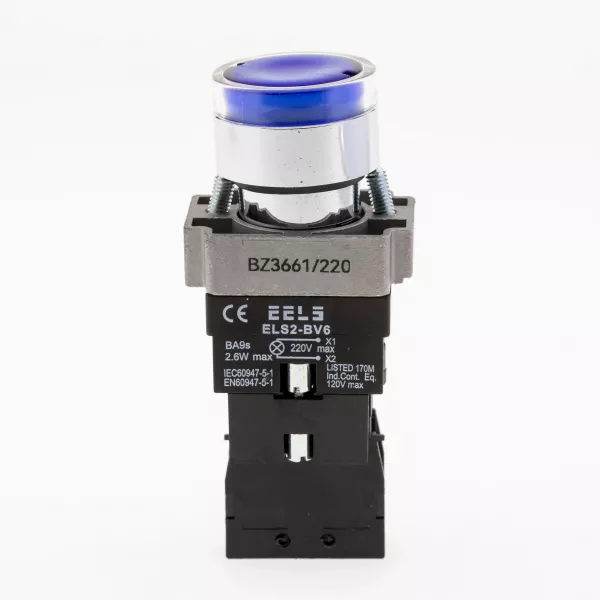 Buton albastru cu autoblocare si led indicator prezenta tensiune 220V AC  ELS2-BZ3661 1xNO, 3A/240V AC