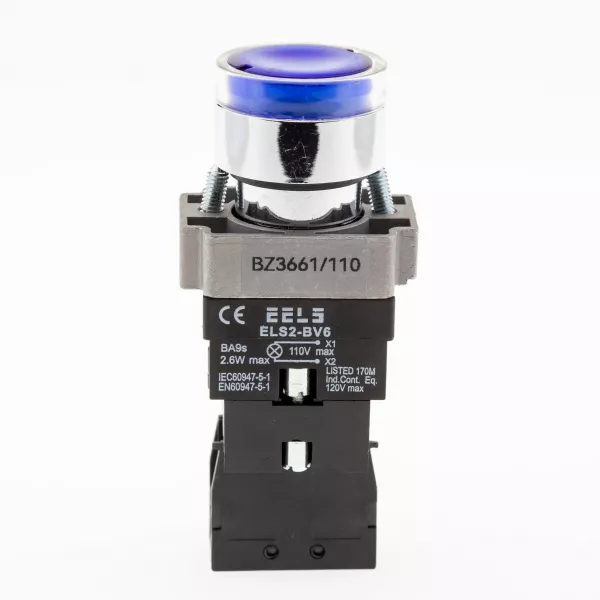 Buton albastru cu autoblocare si led indicator prezenta tensiune 110V AC  ELS2-BZ3661 1xNO, 3A/240V AC