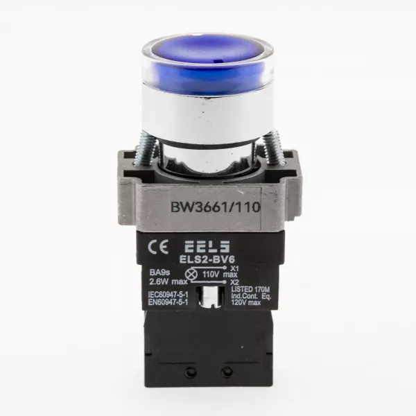 Buton albastru cu led indicator prezenta tensiune 110V AC  ELS2-BW3661 1xNO, 3A/240V AC