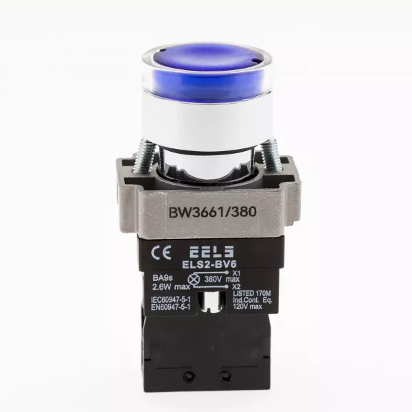 Buton albastru cu led indicator prezenta tensiune 380V AC  ELS2-BW3661 1xNO, 3A/240V AC