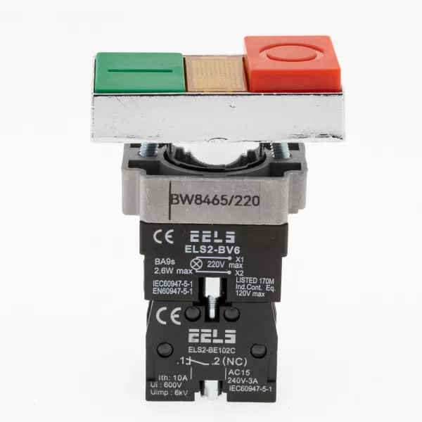 Buton dublu 0-1, rosu-verde cu indicator  luminos prezenta tensiune la 220V AC ELS2-BW8465 1xNO+1xNC, 3A/240V AC
