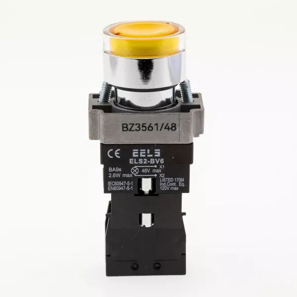 Buton galben cu autoblocare si led indicator prezenta tensiune 48V DC  ELS2-BZ3561 1xNO, 3A/240V AC