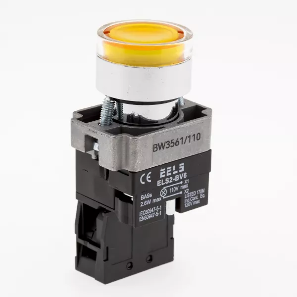 Buton galben cu led indicator prezenta tensiune 110V AC  ELS2-BW3561 1xNO, 3A/240V AC