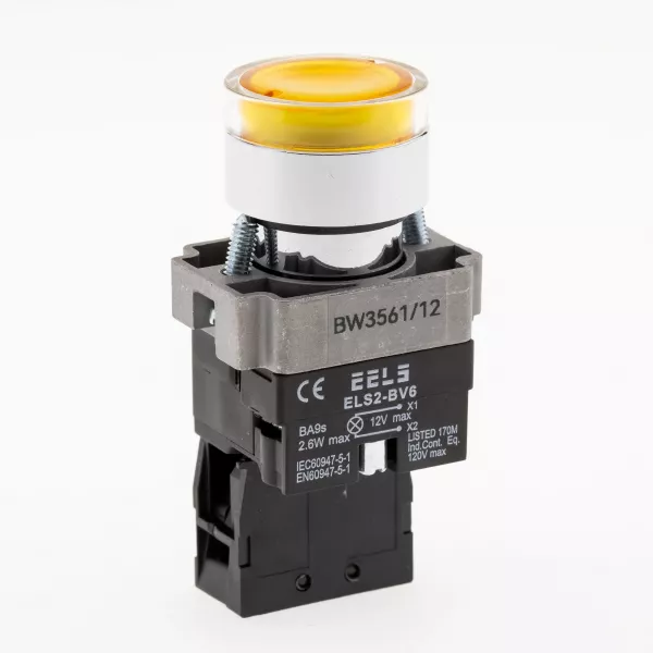 Buton galben cu led indicator prezenta tensiune 12V DC  ELS2-BW3561 1xNO, 3A/240V AC