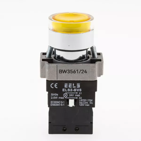 Buton galben cu led indicator prezenta tensiune 24V DC  ELS2-BW3561 1xNO, 3A/240V AC