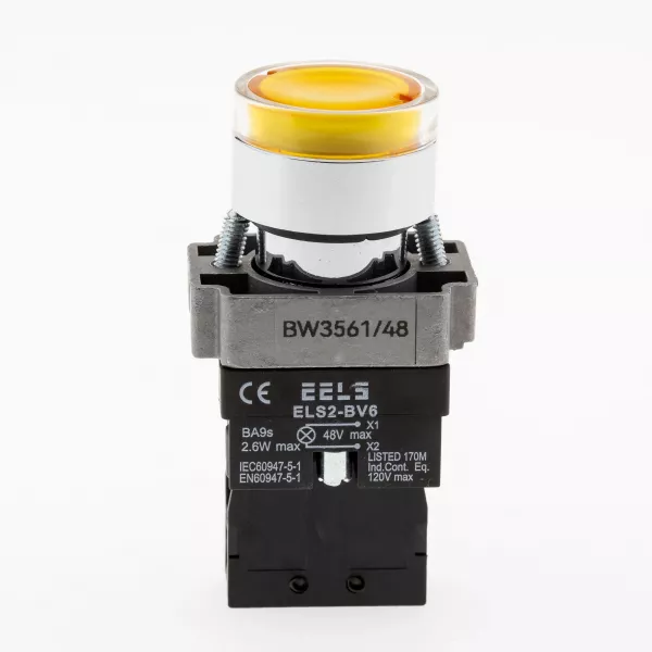 Buton galben cu led indicator prezenta tensiune 48V DC  ELS2-BW3561 1xNO, 3A/240V AC