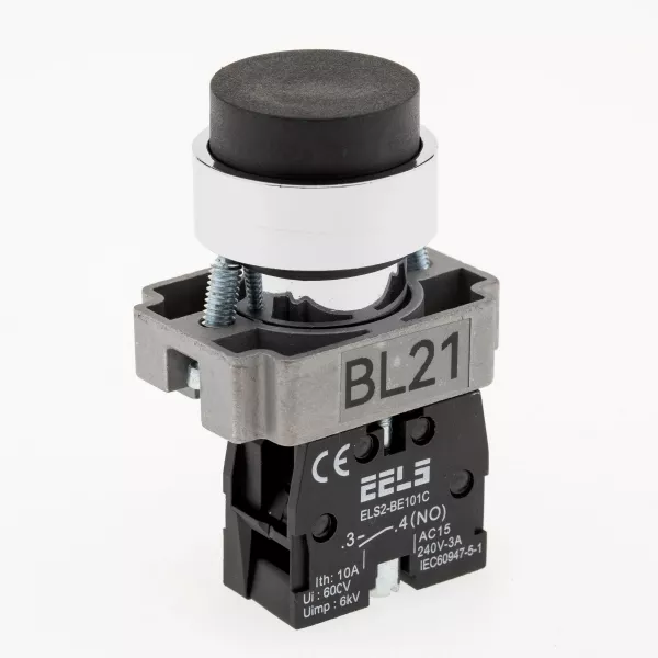 Buton negru in relief cu revenire ELS2-BL21 1xNO, 3A/240V AC