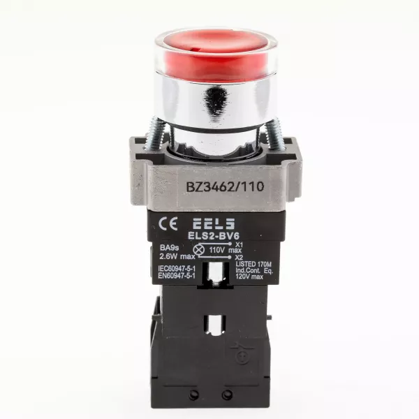 Buton rosu cu autoblocare si led indicator prezenta tensiune 110V AC  ELS2-BZ3462 1xNC, 3A/240V AC