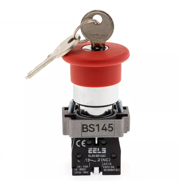 Buton rosu cu cheie tip ciuperca cu autoblocare, revenire prin cheie  Ø40mm  ELS2-BS145 1xNO+1xNC, 3A/240V AC