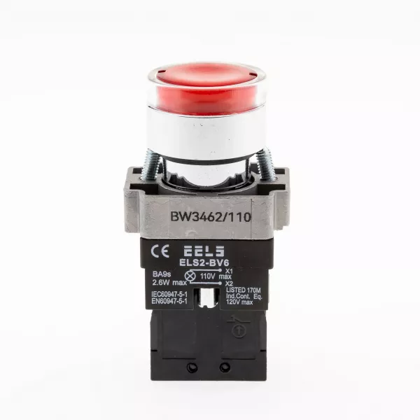 Buton rosu cu led indicator prezenta tensiune 110V AC  ELS2-BW3462 1xNC, 3A/240V AC
