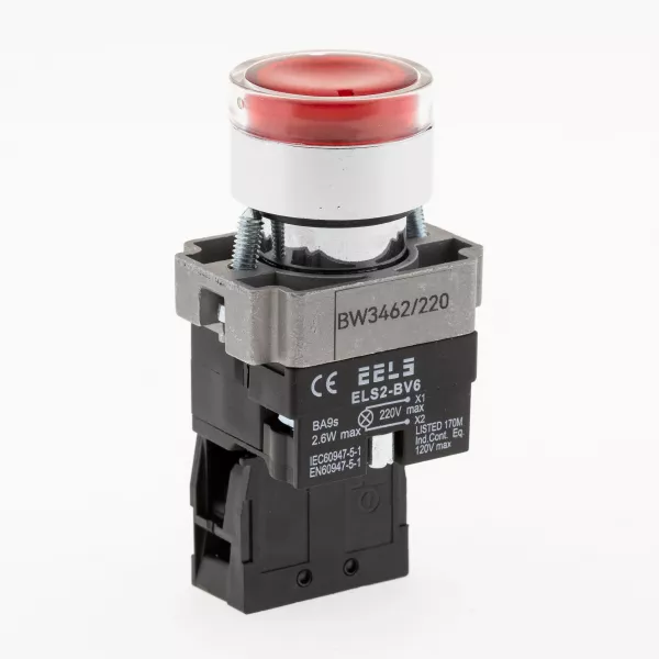 Buton rosu cu led indicator prezenta tensiune 220V AC  ELS2-BW3462 1xNC, 3A/240V AC