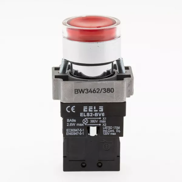 Buton rosu cu led indicator prezenta tensiune 380V AC  ELS2-BW3462 1xNC, 3A/240V AC