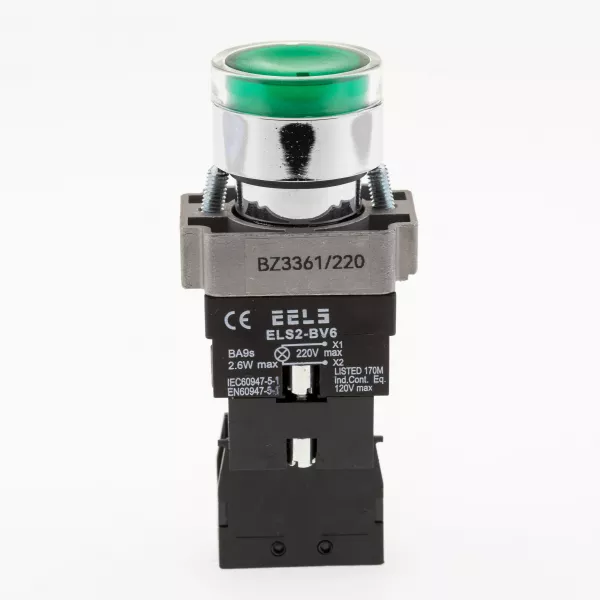 Buton verde cu autoblocare si led indicator prezenta tensiune 220V AC  ELS2-BZ3361 1xNO, 3A/240V AC