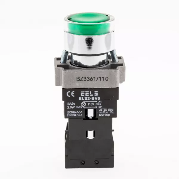 Buton verde cu autoblocare si led indicator prezenta tensiune 110V AC  ELS2-BZ3361 1xNO, 3A/240V AC
