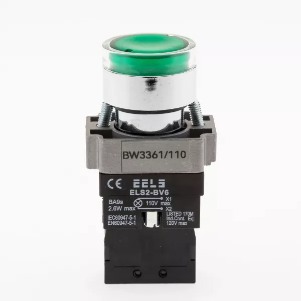 Buton verde cu led indicator prezenta tensiune 110V AC  ELS2-BW3361 1xNO, 3A/240V AC