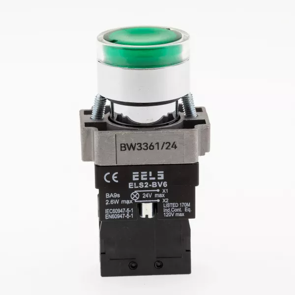 Buton verde cu led indicator prezenta tensiune 24V DC  ELS2-BW3361 1xNO, 3A/240V AC