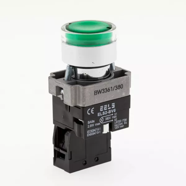 Buton verde cu led indicator prezenta tensiune 380V AC  ELS2-BW3361 1xNO, 3A/240V AC
