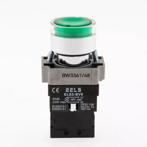 Buton verde cu led indicator prezenta tensiune 48V DC  ELS2-BW3361 1xNO, 3A/240V AC