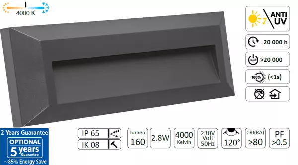 CORP LED FATADA ASTON 2.8W 160lm 4000K NW 840 120° IP65 230V AC, L230xW80xH27mm, DREPTUNGHIULAR - NEGRU ANTRACIT