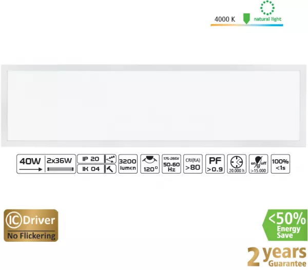 PANEL LED 40W 3200lm 4000K NW 840 120° 295x1195x10mm 175~265V AC IP20