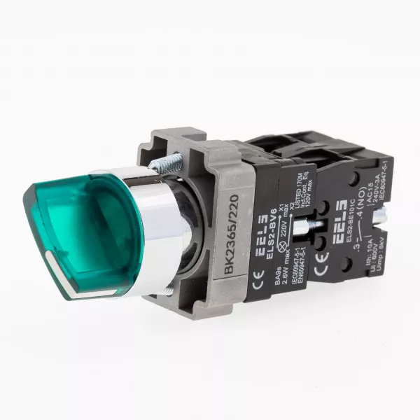 Selector 2 pozitii cu retinere maner iluminat led culoarea verde 220V AC  ELS2-BK2365 1xNO+1xNC, 3A/240V AC