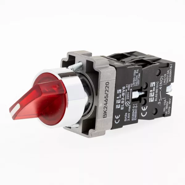 Selector 2 pozitii cu retinere maner iluminat led culoarea rosie 220V AC  ELS2-BK2465 1xNO+1xNC, 3A/240V AC