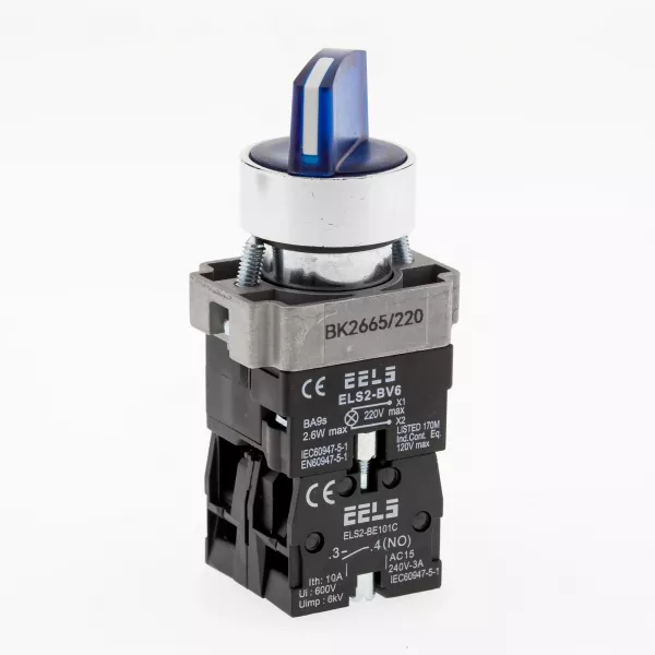 Selector 2 pozitii cu retinere maner iluminat led culoarea albastra 220V AC  ELS2-BK2665 1xNO+1xNC, 3A/240V AC