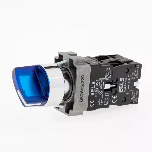 Selector 2 pozitii cu retinere maner iluminat led culoarea albastra 220V AC  ELS2-BK2665 1xNO+1xNC, 3A/240V AC