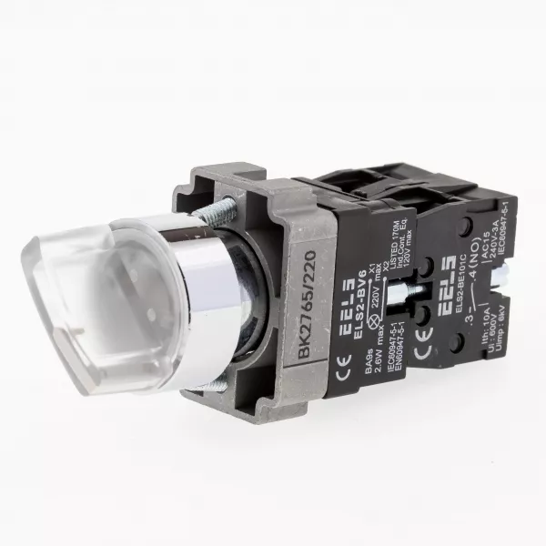 Selector 2 pozitii cu retinere maner iluminat led culoarea alba 220V AC  ELS2-BK2765 1xNO+1xNC, 3A/240V AC