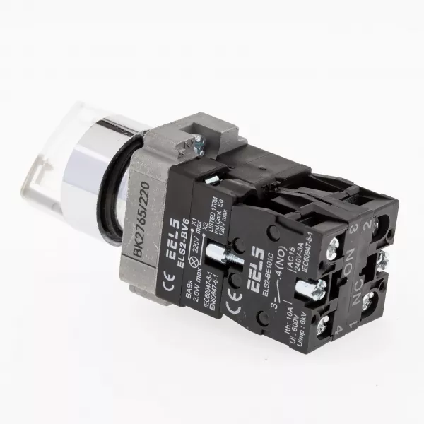 Selector 2 pozitii cu retinere maner iluminat led culoarea alba 220V AC  ELS2-BK2765 1xNO+1xNC, 3A/240V AC