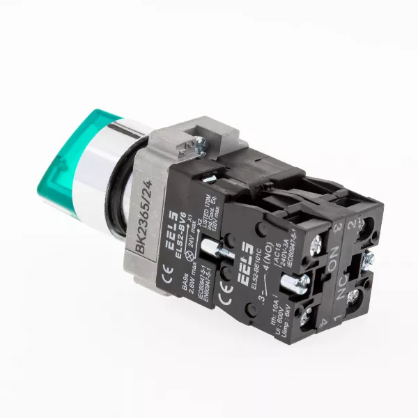 Selector 2 pozitii cu retinere maner iluminat led culoarea verde 24V DC  ELS2-BK2365 1xNO+1xNC, 3A/240V AC