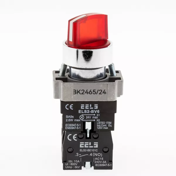 Selector 2 pozitii cu retinere maner iluminat led culoarea rosie 24V DC  ELS2-BK2465 1xNO+1xNC, 3A/240V AC