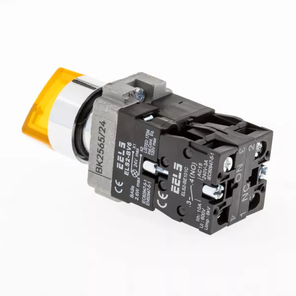 Selector 2 pozitii cu retinere maner iluminat led culoarea galbena 24V DC  ELS2-BK2565 1xNO+1xNC, 3A/240V AC